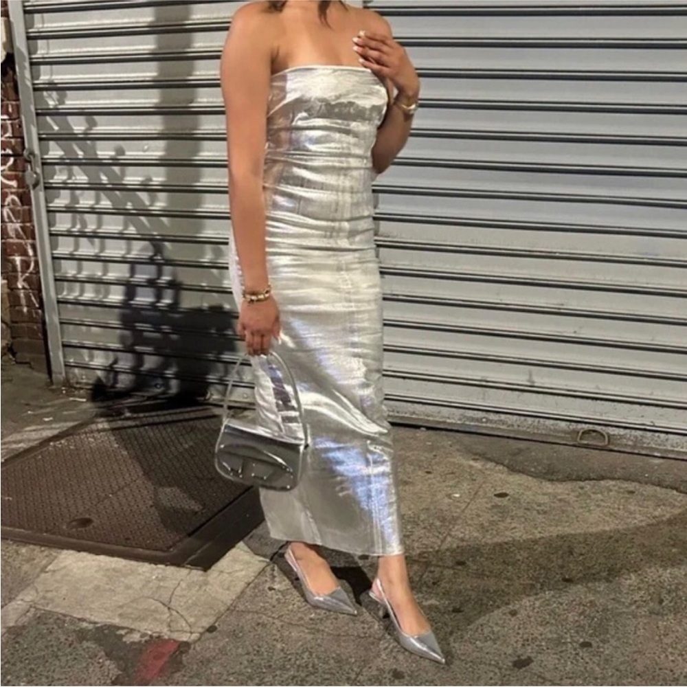 Zara Silver Strapless Maxi Dress